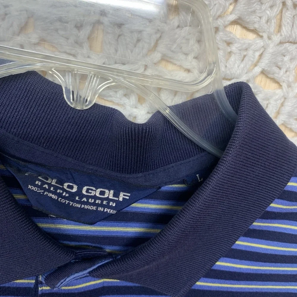 Polo Golf Ralph Lauren Shirt Mens L Navy Blue Striped 100%Pima Cotton Polo Shirt